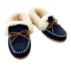 NEW The Vermont Country Store Women's Sheepskin Moccasin Slipper Navy Size 7.5/8
